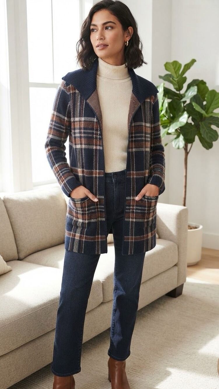 Tahari Plaid Open Front Cardigan Sweater Coat Medium Navy Blue Brown Wool Blend